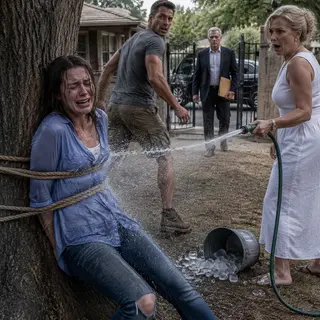 Under the blistering sun, my husband tied me to the old tree in our yard and snarled, “You live here for free, yet you still dare disrespect my mother?” My mother-in-law laughed as she blasted me with freezing water, again and again. They thought I was helpless—until a black car stopped outside the gate. The moment the stranger stepped out holding a sealed folder, my husband’s face turned white…