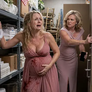 “Your baby can wait forty minutes,” my mother hissed, ripping away my phone before locking me inside a windowless hotel storage room. Blood soaked my bridesmaid dress as my contractions slammed harder, while my sister’s wedding music thundered through the wall. I screamed until my throat tore—but the camera had already caught everything. And soon, so would the police.