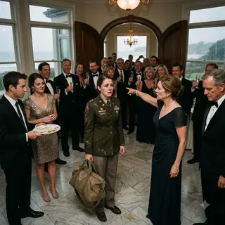 “Get the help out of my ballroom,” my mother snapped, pointing at my Army uniform while 400 guests laughed. My sister smirked, my father ignored me, and her fiancé shoved a dirty plate into my hands. They thought I was a nobody home from deployment. Then the doors burst open—and my former commander walked straight past them to salute me.