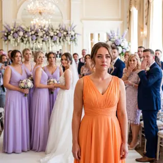 The moment I stepped into the wedding hall, every guest turned to stare. Five bridesmaids wore soft lavender. I stood at the end of the line in screaming orange, three sizes too big. My sister thought I would cry, run, or ruin the ceremony. Instead, I smiled at her and said, “Don’t worry, Natalie. I’m not the one who should be embarrassed today.”