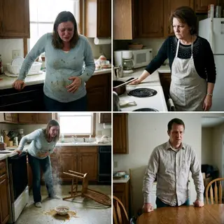 “Hit her again,” my mother-in-law ordered as her husband’s fist slammed into my eight-month-pregnant belly. My husband stood three feet away, gripping the dinner table, and watched me gasp beside the burning gravy. She thought I would crawl back and apologize. Instead, her own secret recording captured everything—and the folder under her floorboards was about to destroy them all forever.