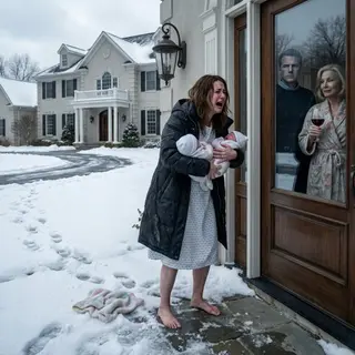 Ten days after I gave birth to twins, my husband pushed me into the snow and locked the mansion door. His mother shouted, “Freeze before you come crawling back.” I shielded both babies beneath my coat and called one number. By dawn, movers were carrying their furniture outside, while the bank froze every account connected to my name.