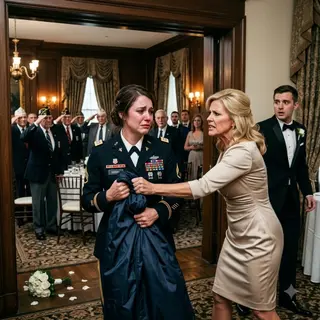 “Take off that uniform—you’re humiliating us,” my mother hissed minutes before my brother’s wedding, shoving a dress against my medals. I entered the ballroom in dress blues anyway, seated beside the kitchen like an unwanted guest. Then twelve veterans stood and saluted me. But the wedding camera had captured why my family wanted me hidden—and it wasn’t embarrassment.