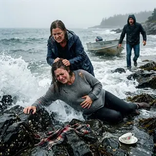 Eight months pregnant, bleeding across jagged rocks, I watched the tide race toward me. My mother-in-law yanked my hair and shoved my face into the surf. “Only one of us leaves this island alive—and it won’t be the breeding machine.” I clawed at the stones, protecting my baby, then heard a motor beyond the fog. She froze. Because the man stepping onto shore was supposed to be dead—and he was calling my name.
