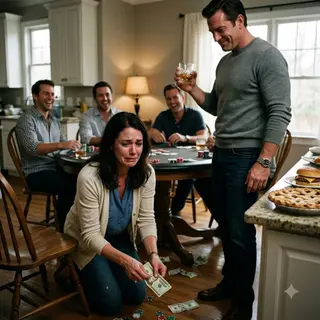 “Pick it up, Mara—you wanted grocery money.” My husband tossed three crumpled twenties at my feet while his friends laughed, never noticing the security camera above them. My knees hit the cold floor. His bourbon glass stayed raised. I said nothing, because I had already found the forged bank papers—and by morning, his perfect life would start collapsing.