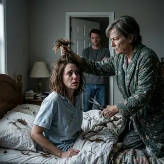 I woke to scissors scraping my scalp while my mother-in-law cut my hair in uneven chunks. My husband stood at the door and said, “You needed to be humbled.” I looked at the hair covering my pillow and reached beneath the mattress. The hidden camera was still recording. Three days later, both of them were begging me not to release the video.