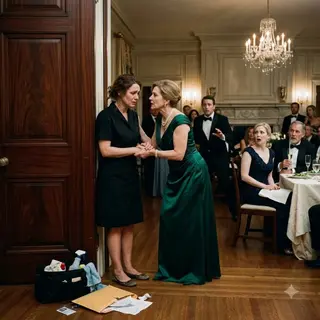 “She’s only the cleaner,” my mother announced at my sister’s engagement party, while my father laughed, “We gave up on her years ago.” I kept my face calm as the wealthy guests stared. Then the groom’s mother crossed the room, took my hand, and whispered three words: “She’s my boss.” My mother went pale—but no one yet knew why the groom had suddenly started backing toward the door.