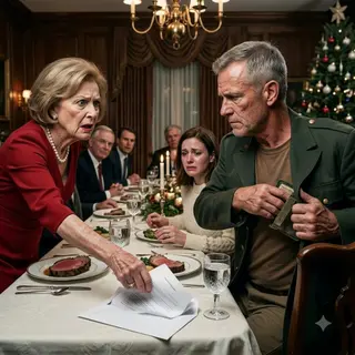“Sign it, and stop embarrassing this family,” my mother said, sliding the renunciation papers across Christmas dinner like I was trash. My sister froze. The billionaires smirked. My scarred hands rested beside cold prime rib and a sweating crystal glass. They thought I was a broke soldier begging for scraps. Then I reached into my jacket.