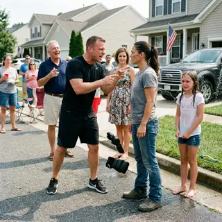 “Put the gloves on, or I’ll hospitalize you in front of your daughter,” my brother-in-law sneered, throwing MMA gloves at my boots while the whole neighborhood watched. My little girl stood frozen by the sprinkler, lips trembling, as his rich father laughed and my own sister smiled. They thought I was just a broke soldier. Then the cameras started talking.