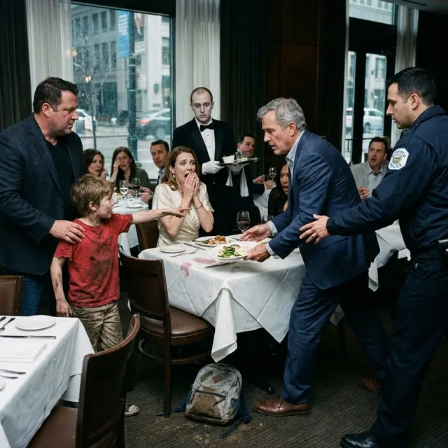 I was halfway through lunch at an upscale restaurant when a barefoot six-year-old boy burst inside, screaming, “Stop! Don’t eat that!” My bodyguards moved to drag him away, but the terror in his eyes froze me. He pointed at my wife whispering to the waiter, and suddenly everything made sense. I switched the plates, called the police, and watched her smile vanish when the poison meant for me became the evidence that sent her to prison.