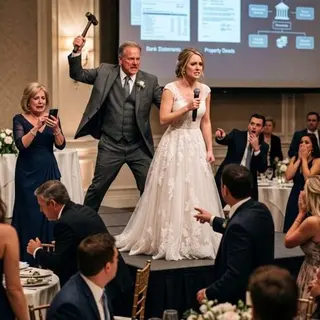 At my sister’s wedding reception, Dad stood onstage boasting, “I’ve always been the perfect father.” I stepped forward and exposed his secret—he had stolen Mom’s house, forged my name, and secretly spent $350,000 on his mistress. His smile vanished. “You little liar!” he screamed before striking me with a metal hammer. I collapsed as he ran. Then Mom made one phone call… and everything changed.