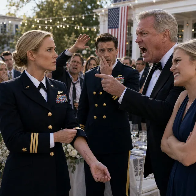 “Don’t salute her—she’s a coward who left Americans to die.” My father shouted before the guests while my sister smiled and a drunk man raised his hand at me. Then her Navy fiancé saw the scar on my wrist, went pale, and whispered, “Black Panther?” They thought I had come home disgraced. I had come home carrying both evidence—and revenge.