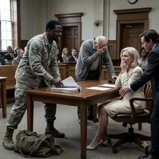 “You’re going to lose your father, your inheritance, and this house before lunch.” My stepmother smiled while her lawyer mocked me for arriving alone in uniform. My father sat behind her, trembling and silent. She thought the hearing would erase me. Then I opened the bank records, forged deeds, and hidden LLC transfers proving she had been stealing his life.