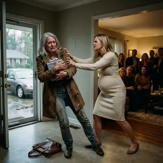 I stood in the doorway holding the gift I had saved months to buy when my daughter-in-law blocked me with a disgusted look. “Don’t come in. You’re filthy, and I won’t let you embarrass us at my baby’s party.” Then she shoved me back into the hallway as the guests watched. I wiped my tears and smiled. She had no idea whose name was on the deed to the house where she was celebrating.
