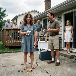 “Who wants to trade my wife? She cooks and cleans like a servant.” The burger slipped from Emma’s numb hand as guests stared, her husband smirking beside the cooler while his mistress watched from the patio. Then the neighbor named a price—and Emma called a real-estate agent. Derek thought she was bluffing. He had no idea what she found.