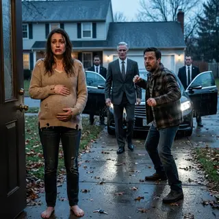 My husband’s fist froze inches from my face when the roar of engines shook our driveway. I was eight months pregnant, bleeding at the lip, both hands wrapped around my belly. “Who the hell is that?” he snapped. Outside, six black luxury cars stopped in perfect formation. The rear door opened, and one man stepped out. My husband turned ghost-white. I wiped the blood from my mouth and whispered, “Now you remember who my father is.”