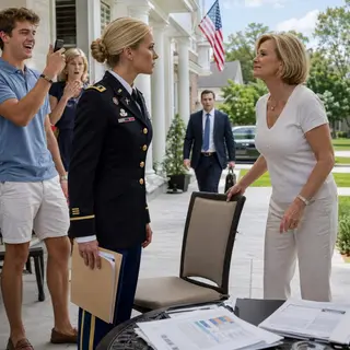 “A military woman doesn’t belong at this table,” my stepmother snapped, yanking my chair away as my stepbrother filmed and my father stared down. I sat in a folding chair and said nothing. She didn’t know I’d already traced $186,000, a forged power of attorney, and my stolen trust. Then headlights hit the window at dinner. “My lawyer,” I said…