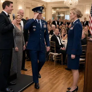 “She spent twenty years in the Air Force and never flew a damn day,” my brother joked into the microphone as four hundred people laughed. Then three uniformed officers entered. A three-star general ignored Mark’s hand, crossed the ballroom to Table 31, saluted me, and said, “Colonel Margaret Sutton. It’s been ten years, Halo Six.” Then a champagne glass shattered.