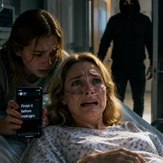 “Don’t make a sound. Someone is coming upstairs to make sure you never leave this hospital.” The detective locked my door while my daughter showed me my husband’s message: “Finish it before midnight.” He had cut my brakes, forged dementia records, and hired someone to finish me. Then the handle moved—and a masked man walked straight toward my IV.