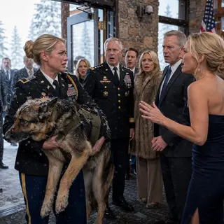 “Get that filthy dog out of here!” my sister screamed after locking my service dog outside in a below-zero Colorado blizzard. I found Trapper half buried under frozen pines, shaking so hard his tags clicked. Then I carried him through her investor launch. A retired four-star general went pale. “Is that the dog who pulled three of my medics out?”