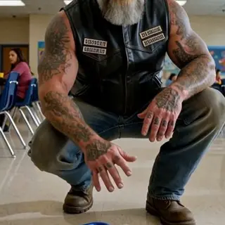 The Biker Dumped a Little Girl’s Lunch Across the Cafeteria Floor — Then a Shard of Glass Fell from Her Sandwich, and His Club Returned Wearing Aprons
