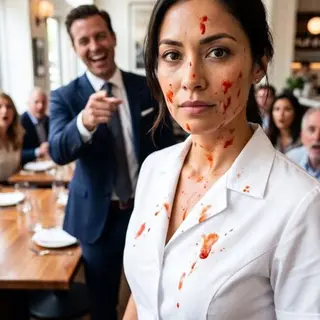 I wore a cheap uniform and carried dirty plates just to test my sister’s fiancé. Then, in front of a crowded restaurant, he sneered, “Know your place,” before throwing a bowl of hot sauce straight at me. Everyone laughed. I lowered my eyes and said nothing. They thought I was just a helpless waitress. They had no idea the woman standing before them owned the entire restaurant—and that this humiliation was about to cost him everything.