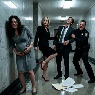 The moment my husband's mistress kicked me in the stomach outside the courtroom, he laughed and said, "She always overreacts." I clutched my pregnant belly, trying to stay calm as the police officer dragged them inside. Then the judge walked in, saw the bruise forming under my dress, and froze. "Who dared lay a hand on my daughter?" my father roared. By sunset, both were handcuffed – and I was the owner of everything he intended to steal.
