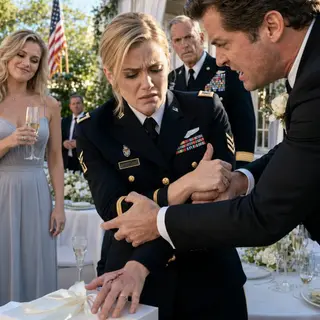 “Don’t touch that box,” Julian hissed, crushing my wrist as my sister smiled over champagne at my own wedding. The paper cut my palm, my commander’s eyes locked on me, and shame burned hotter than the August air. Chloe had wrapped a federal crime in white paper—and my revenge started before the music stopped under those string lights.