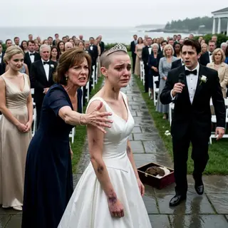 “Take off that tiara—you’re humiliating us,” my mother hissed after my sister hid my wig minutes before the ceremony. My scalp burned beneath five hundred staring eyes, my arm still bruised from Vanessa’s grip, and my groom’s jaw tightened at the altar. I walked forward anyway, crowned in diamonds. Then he reached for the microphone to expose what she’d done.