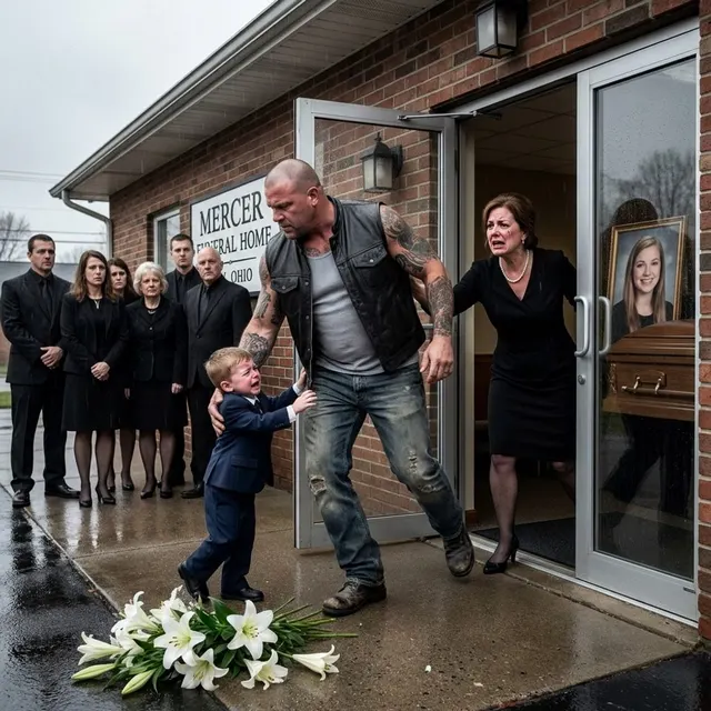 A Tattooed Biker Dragged a Crying Toddler Away From His Mother’s Funeral in Front of Everyone — Then a School Essay Revealed Why That Boy Called Him Dad