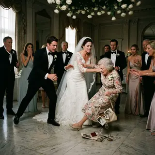 "I watched my bride shove her own grandmother to the ground... on our wedding day." "You're useless if you won't pay for my dream wedding!" she screamed, as the elderly woman hit the floor in front of hundreds of stunned guests. I froze. The woman who had spent decades loving her granddaughter lay trembling in tears—while my new wife demanded money over family. In that horrifying moment, I realized I hadn't just married the wrong person... I'd married a stranger. But what happened after I stepped between them changed every life in that room forever.
