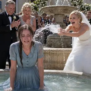 I arrived at my sister’s wedding wearing the same old dress she had mocked for years. She wrinkled her nose and sneered, “She reeks of poverty.” Then she shoved me into the fountain, laughing, while our parents clapped. “It’s just a joke,” they said. Soaked but smiling, I stepped out, raised the microphone, and glanced at the lawyer waiting beside the stage. “You’re right,” I whispered. “Now let’s see who laughs last.”