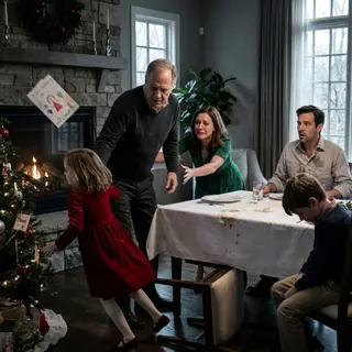My father shoved my eight-year-old daughter away from the Christmas table and pointed to her chair. “That seat belongs to my real grandson,” he sneered. When Lily’s handmade card fell into the fireplace, everyone expected me to cry or beg. Instead, I checked the clock and whispered, “Eight o’clock.” Seconds later, the doorbell rang—and the lawyer standing outside carried papers that would destroy my father’s empire.