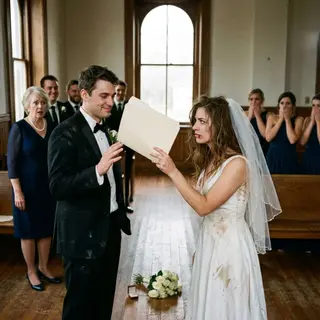 I walked down the aisle with a torn lip and a ripped veil. The groom-to-be smirked at the groomsmen and said loudly, “She needs a reminder of who’s in charge before we sign the papers.” The whole hall burst into laughter, including his mother. I didn’t cry. I calmly reached into my bouquet, pulled out a file, and said, “Now we have to look at this!”