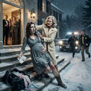 I reached my stepmother’s mansion in a blizzard, nine months pregnant and barely standing. “Please… just a warm coat,” I whispered. She grabbed my wet hair and threw me down the icy steps. “This house is for humans, not breeding street rats,” she spat. I didn’t cry. I touched my belly, pulled out the real deed, and said, “Evict her now.” Then the headlights appeared.