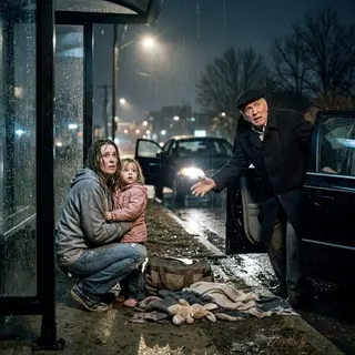 Three nights ago, my little girl and I were sleeping beneath a bus shelter when a wealthy old stranger stopped and said, “Come with me. You shouldn’t be out here.” He gave us a room, warm food, and hope. But during dinner, I casually mentioned my father’s name. His fork crashed onto the plate. “What did you just say?” he whispered, turning ghost-white. Then he locked the doors—and revealed why he had really chosen us.