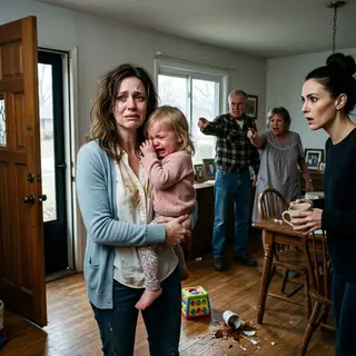 I froze as my two-year-old screamed, clutching her burning face. My sister-in-law stood there holding an empty coffee mug, while my in-laws pointed at the door. "Take that girl and get out of our house!" they yelled. Shaking with rage, I called my father. He listened in silence before saying just one chilling sentence: "Tomorrow... it all ends." I had no idea what he meant—or how it would change everything.