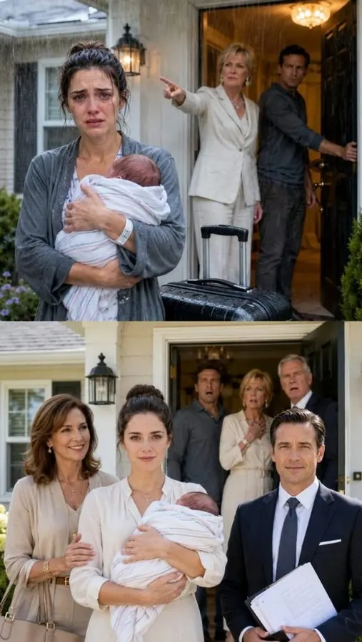 Three days after my emergency C-section, my mother-in-law dumped my suitcase into the rain and sneered, “There’s no room here for a useless wife.” My husband stood behind her, holding our front door shut while my newborn shivered against my chest. They expected me to cry and disappear. Instead, I called my mother and whispered, “Bring the lawyer—and the blue folder.” Forty minutes later, they discovered whose house they had just stolen.