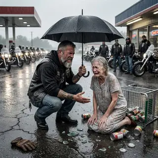 The Biker Held an Umbrella in the Rain — Then Eighteen Harleys Stopped for Lemonade