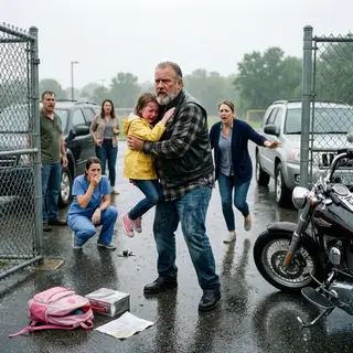 The Girl in the Rain Wasn’t Supposed to Be There—Then a Silent Biker Did Something That Stopped an Entire School Cold