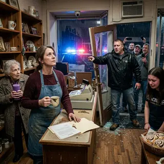 My brother kicked my shop door off its hinges while his friends recorded me like I was a joke. “Time to shut down this embarrassment,” he laughed, stepping over my broken glass. I didn’t scream. I didn’t beg. I only looked at the hidden camera above him and said, “Brandon, you should have checked who owns this building.” Then the sirens started.