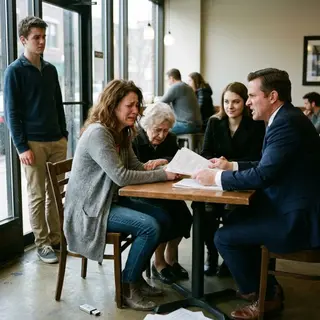 “Take my mother—she’s your problem now,” Ethan sneered, tossing me $5,000 like I was trash in a divorce café. My cheek still burned from his mistress’s smile, my son wouldn’t look at me, and his helpless mother clutched my arm. But the “burden” he dumped on me had a USB full of proof.