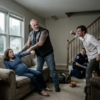 A Biker Shoved a Pregnant Woman Onto a Sofa and Her Husband Raised His Fist — Then the Paramedics Revealed What He Had Seen Beside the Stairs