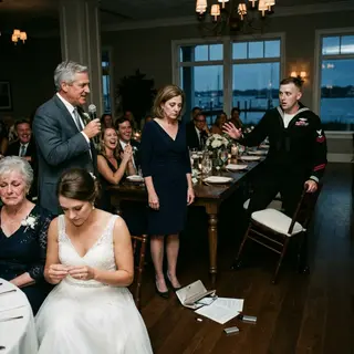 “Be quiet, Evelyn—nobody wants to hear from the damaged daughter,” Dad sneered into the microphone. Laughter sliced through the wedding dinner while my sister stared at her ring and my mother looked away. Then the Navy SEAL groom turned ghost-white, stood so fast his chair screamed, and saluted me. My father’s stolen life was about to burn publicly tonight forever.