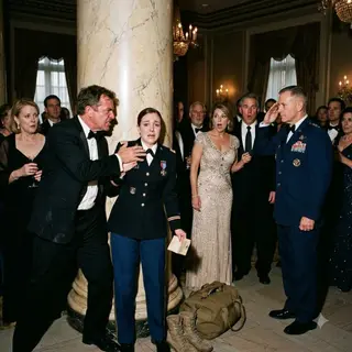 “Don’t embarrass us with that cheap uniform,” Dad hissed, shoving me behind a ballroom column as my sister’s billionaire fiancé watched. My Silver Star dug into my chest; my dead squad’s names burned in my throat. Then the room went silent—because the Pentagon’s most powerful general was walking straight toward me to salute the daughter they tried to erase forever.