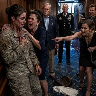 “Take off that uniform, you disgrace!” my mother screamed—then her palm slammed my face into the oak wall. Blood flooded my mouth as my sister-in-law spat on my Silver Star and my brother laughed behind his camera. They thought my “grunt” husband was helpless overseas. Then the press-room doors burst open—and nightmare walked in wearing a general’s star.
