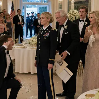 “Sit by the kitchen and don’t embarrass your brother,” my father hissed—seconds before his captain saw me, dropped his champagne, and snapped into a salute. “Colonel Madison?!” The ballroom went dead. Mom crushed her napkin; Dad’s stolen-property folder slid from his hand. They thought I was a failed cadet. They had no idea the police were already outside waiting.